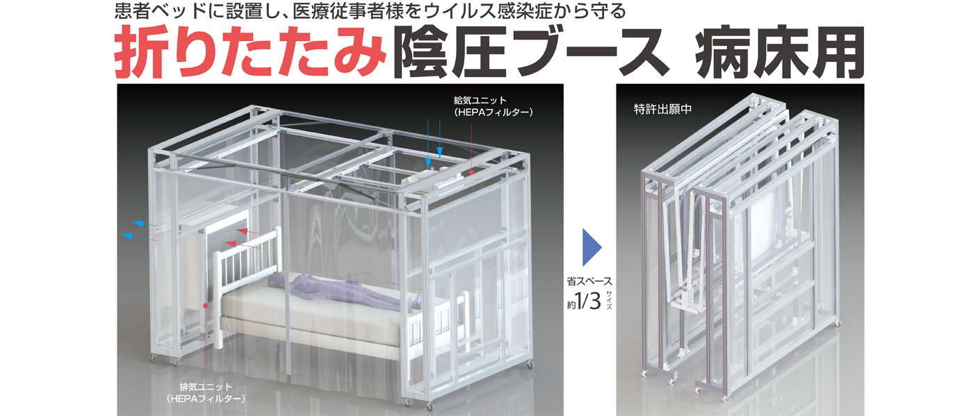 簡易陰圧装置／医療従事者を新型コロナウイルス感染症から守り、院内感染・施設内感染を防ぐ「折りたたみ陰圧ブース　病床用」発売